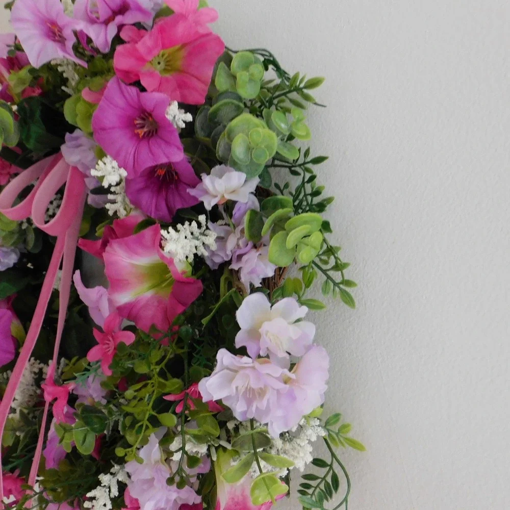 Purple Petunia Wreath, Spring, Summer Front Door, Whites, Housewarming Gift
